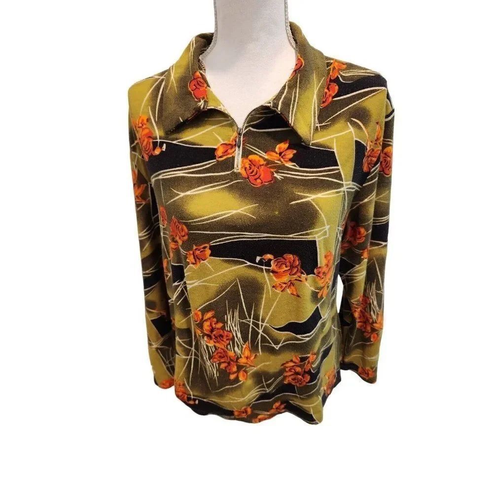 Vintage 70s Long Sleeve Green Orange Half Zip Shirt L Dagger Collar Disco